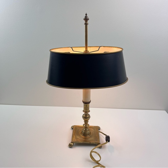 Vintage French Tole Brass Double Bulb Table Lamp With Black Shade - Picture 7 of 12